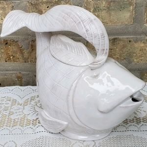 Blue Sky Diane White Swimming Koi Fish Coffee Teapot Water Serving 1 qt Pitcher